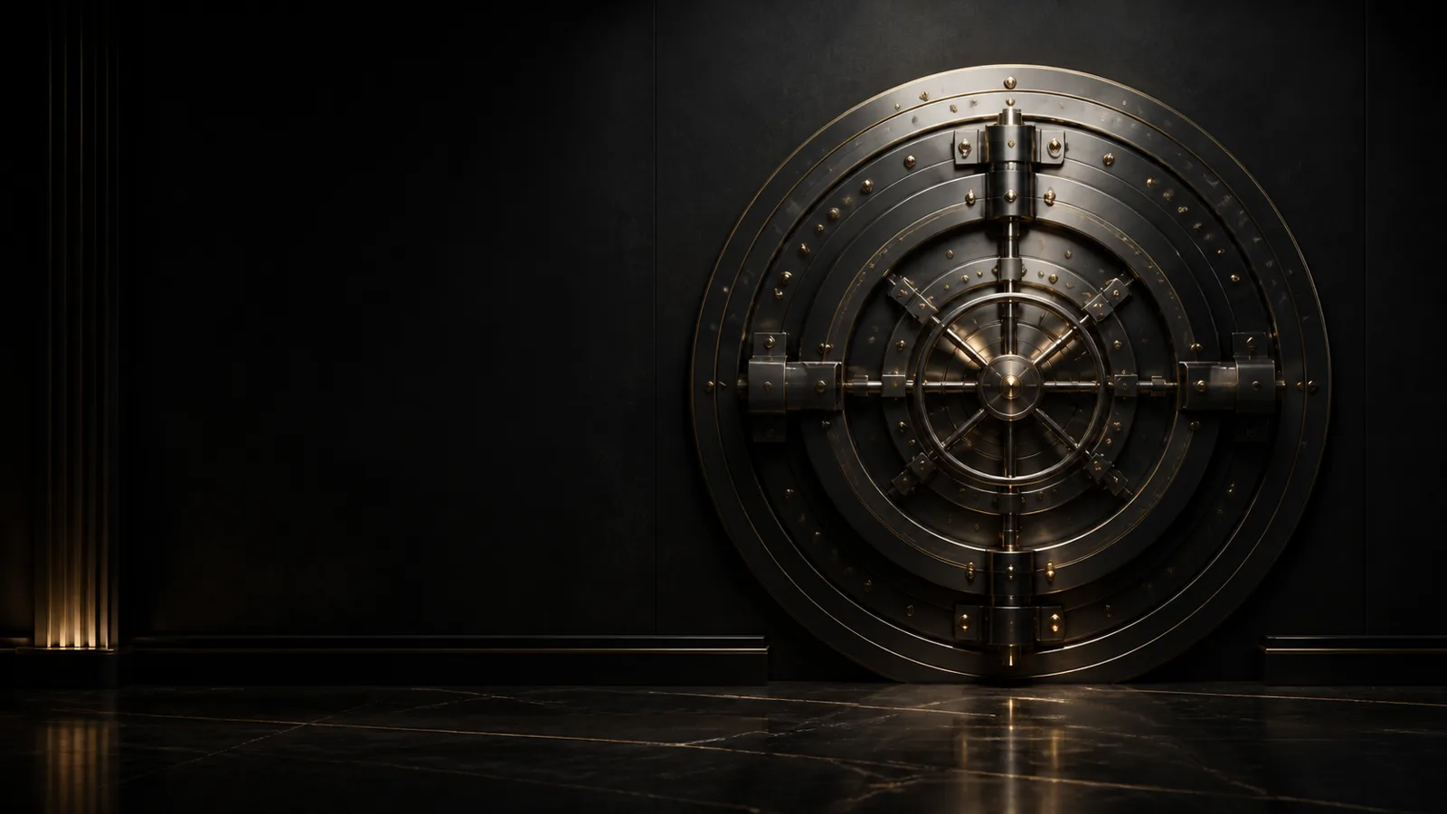 Black steel vault door with brass details